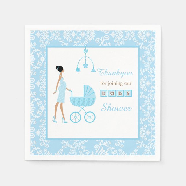 Blue Damask African American Woman Baby Shower Napkins (Front)