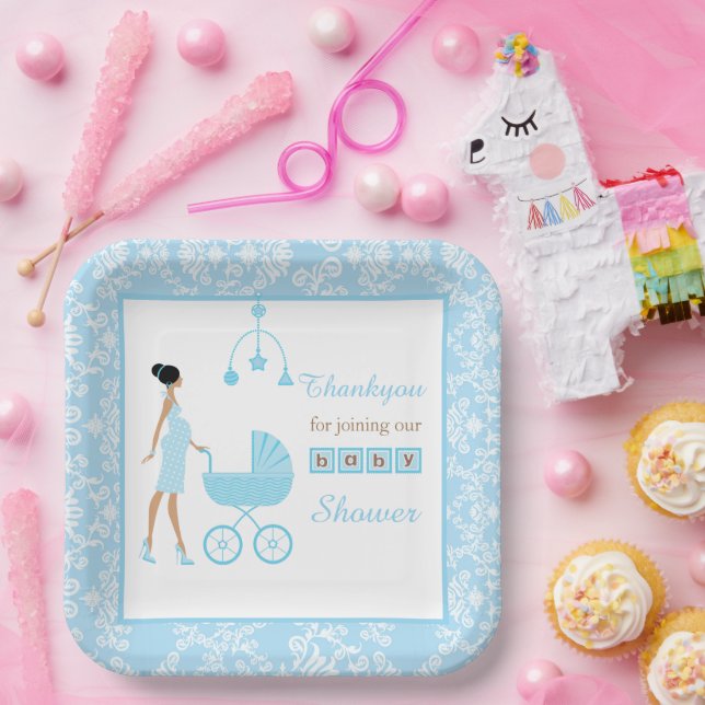 Blue Damask African American Woman Baby Shower Paper Plates (Party)