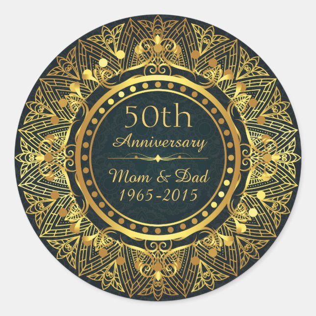 Blue Damask and Gold 50th Wedding Anniversary Classic Round Sticker (Front)
