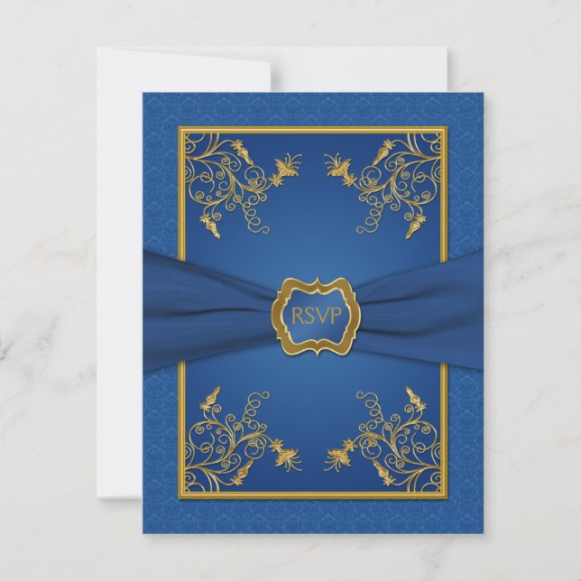 Blue Damask and Gold Floral Reply Card (Front)