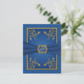 Blue Damask and Gold Floral Reply Card (Standing Front)