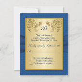 Blue Damask and Gold Floral Reply Card (Back)