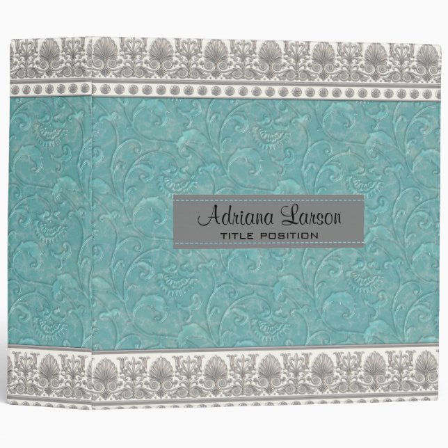 Blue Damask And Gray Border 3 Ring Binder (Front/Spine)