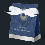 Blue Damask and Peacock Feather Wedding Gift Box<br><div class="desc">Elegant wedding party gift box done in a blue on blue damask pattern, with graphics of a silver tone band, across the bottom and a peacock feather, on the flap. Personalize the light gray text to suit your wedding needs. Perfect finishing touch to any little gift you give your wedding...</div>