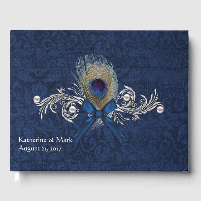 Blue Damask and Peacock Feather Wedding Guest Book (Front)