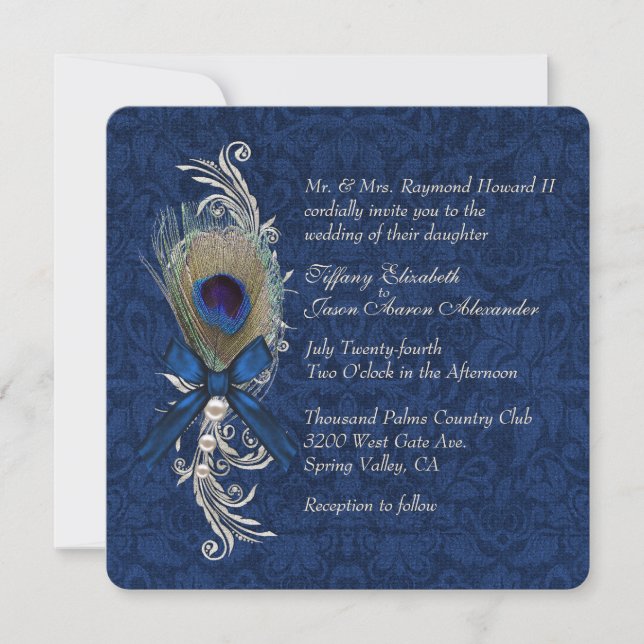 Blue Damask and Peacock Feather Wedding Invitation (Front)