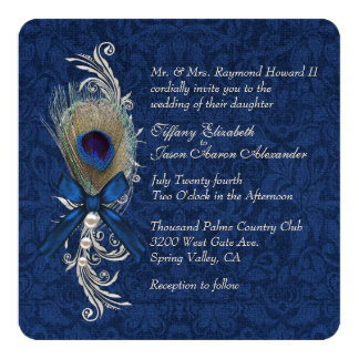 Blue Damask and Peacock Feather Wedding Invitation