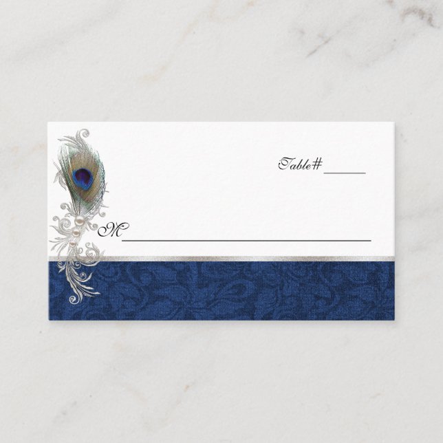 Blue Damask and Peacock Feather Wedding Place Card (Front)