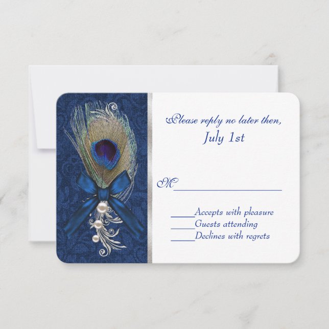 Blue Damask and Peacock Feather Wedding RSVP Card (Front)