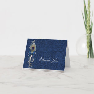 Blue Damask and Peacock Feather Wedding Thank You