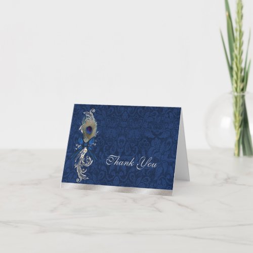 Blue Damask and Peacock Feather Wedding Thank You