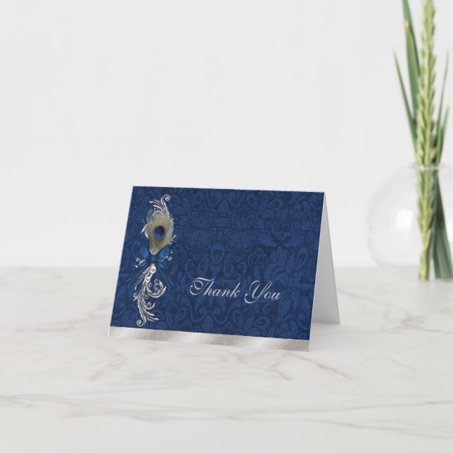 Blue Damask and Peacock Feather Wedding Thank You (Front)