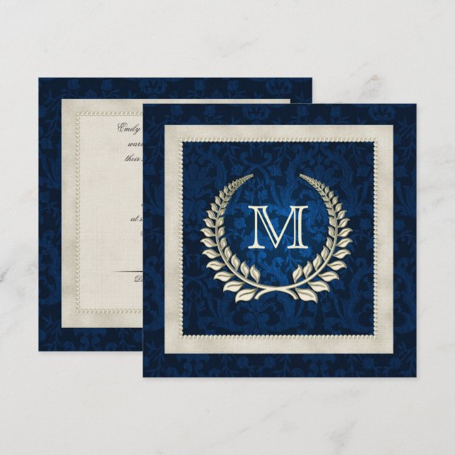 Blue damask and Pearls wedding invitation (Front/Back)