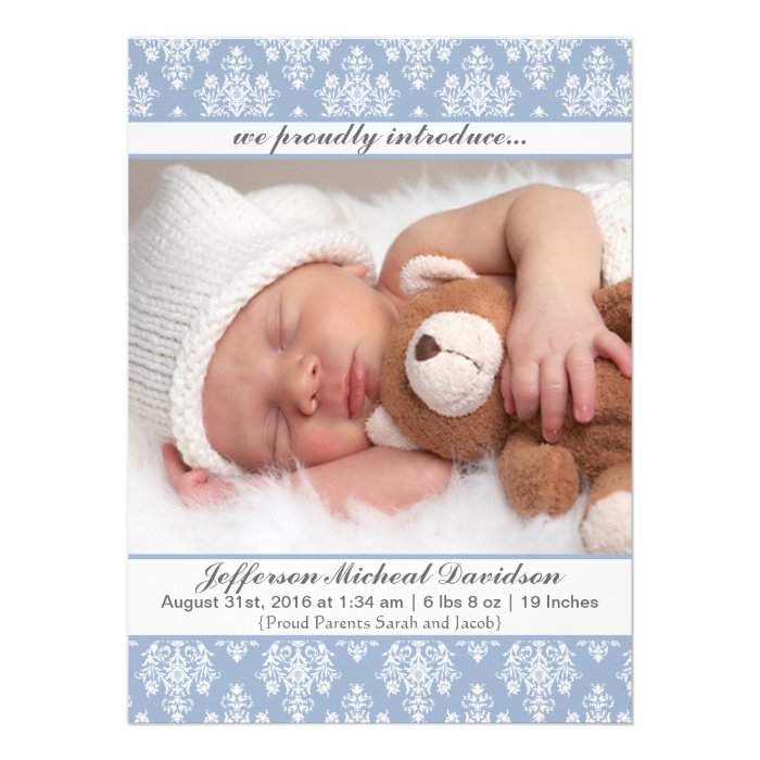 Blue Damask Baby Boy Birth Announcements