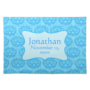 Blue Damask Baby Boy Name Personalized Birth Date Placemat
