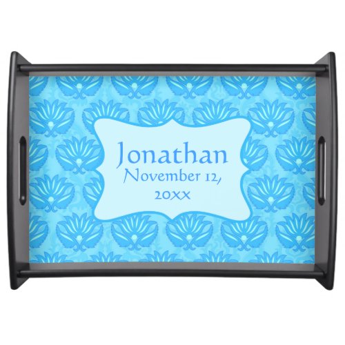 Blue Damask Baby Boy Name Personalized Birth Date Serving Tray