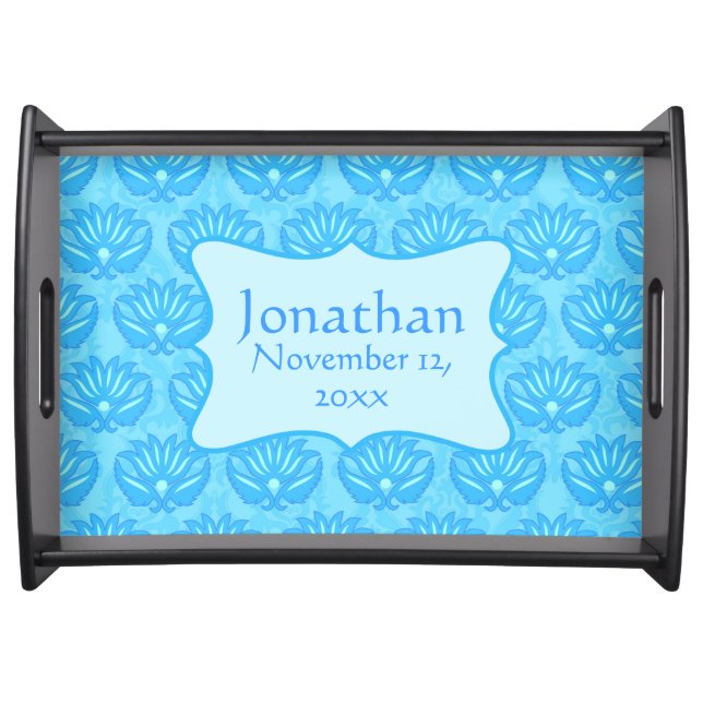 Blue Damask Baby Boy Name Personalized Birth Date Serving Tray (Front)