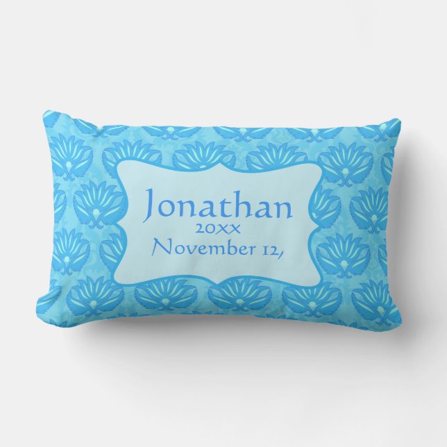 Blue Damask Baby Boy Name Personalized Birth Lumbar Pillow (Front)
