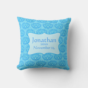 Blue Damask Baby Boy Name Personalized Birth Throw Pillow