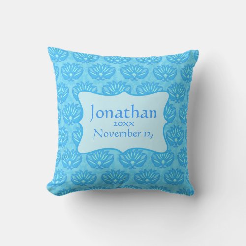Blue Damask Baby Boy Name Personalized Birth Throw Pillow