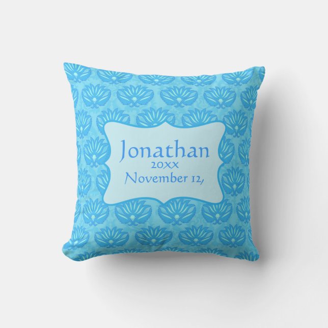 Blue Damask Baby Boy Name Personalized Birth Throw Pillow (Front)