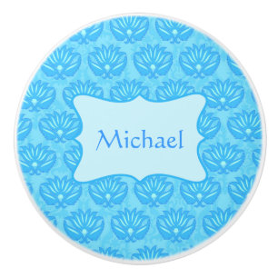 Blue Damask Baby Boy Name Personalized Ceramic Knob