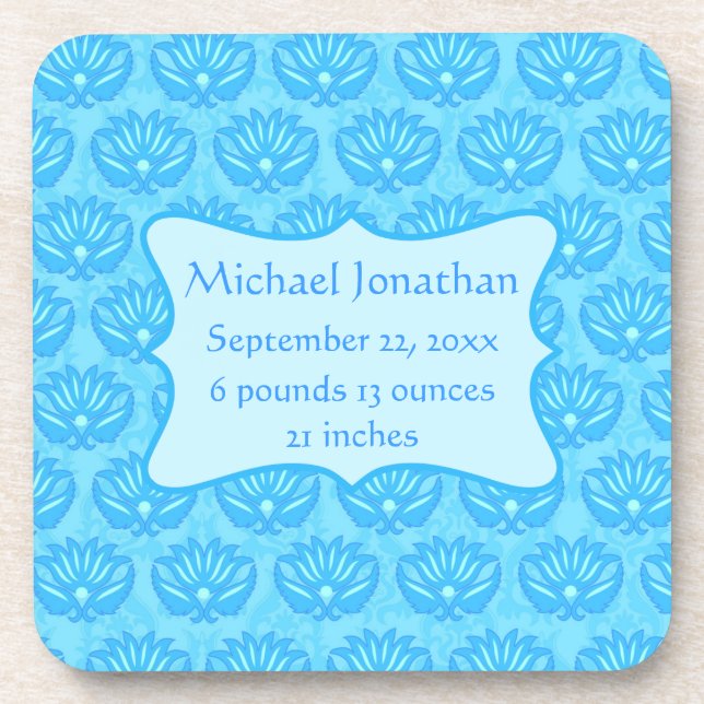 Blue Damask Baby Boy Name Personalized Drink Coaster (Front)