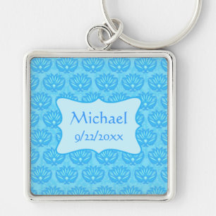 Blue Damask Baby Boy Name Personalized Keychain