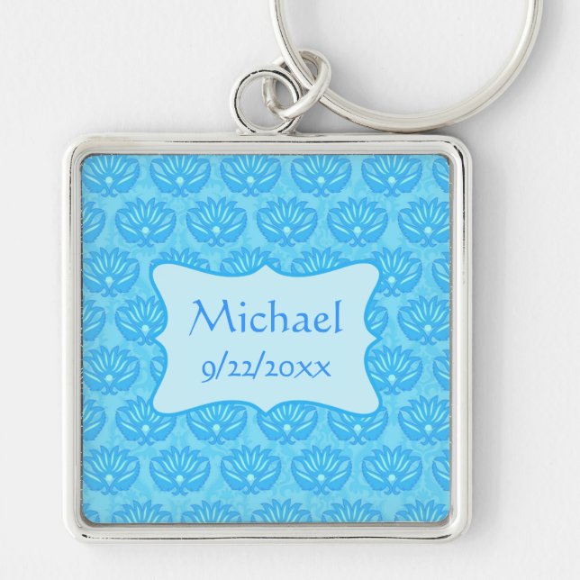 Blue Damask Baby Boy Name Personalized Keychain (Front)