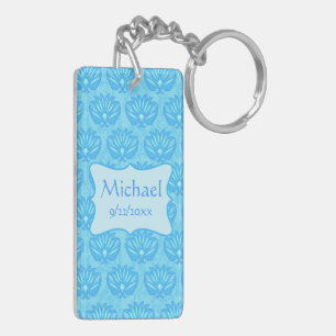 Blue Damask Baby Boy Name Personalized Keychain