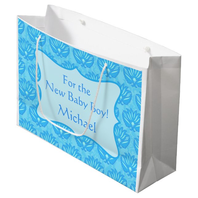 Blue Damask Baby Boy Name Personalized Large Gift Bag (Front Angled)