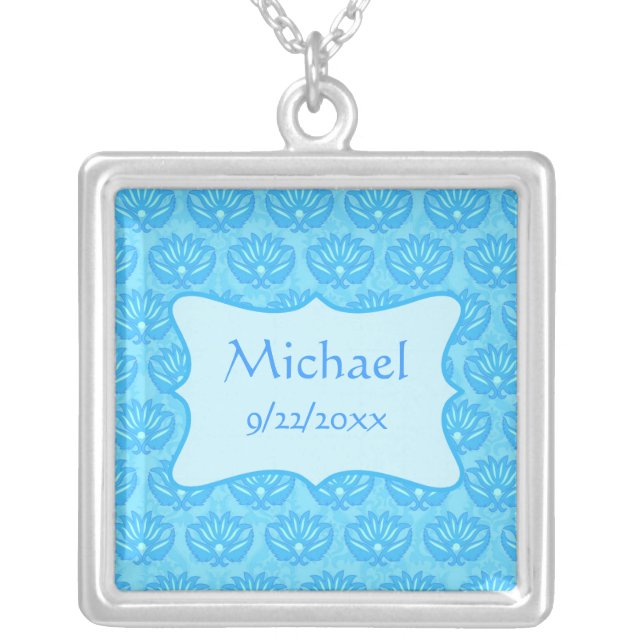 Blue Damask Baby Boy Name Personalized Silver Plated Necklace (Front)