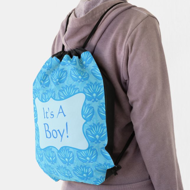 Blue Damask Baby Its A Boy Announcement Drawstring Bag (Insitu)