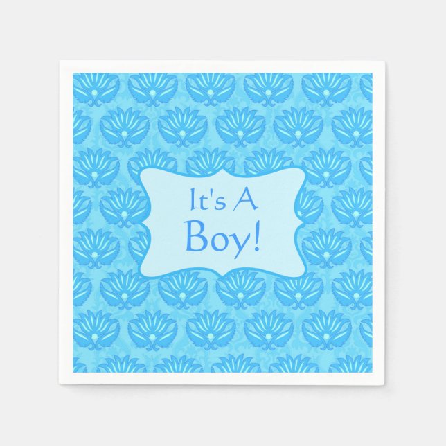 Blue Damask Baby Its A Boy Announcement Paper Napkins (Front)