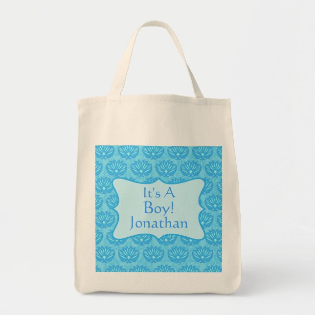 Blue Damask Baby Its A Boy Birth Announcement Tote Bag (Front)
