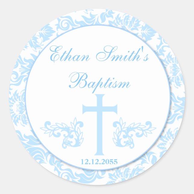 Blue Damask Baptism Favor Stickers Seals (Front)