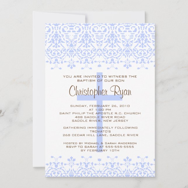 Blue Damask Baptism Invitation (Front)