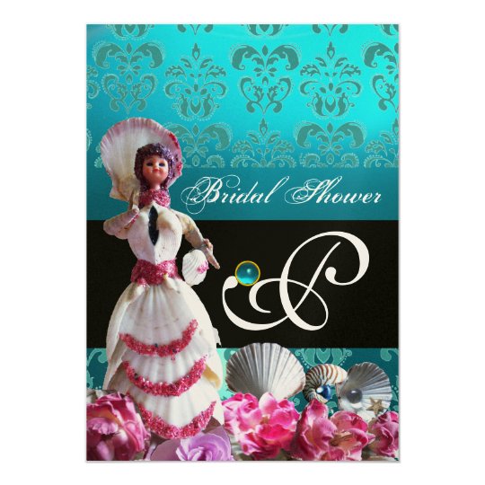 BLUE DAMASK BEACH WEDDING - BRIDAL SHOWER MONOGRAM CARD