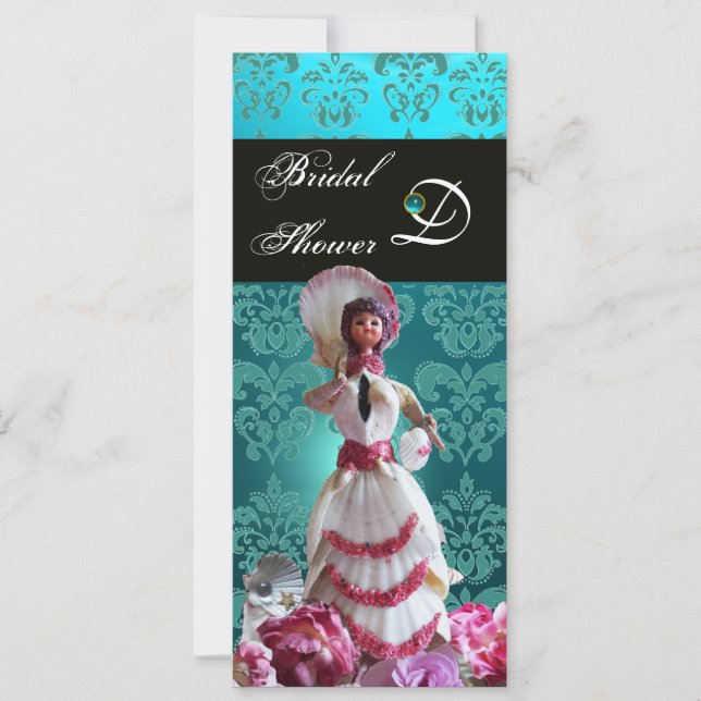 BLUE DAMASK BEACH WEDDING - BRIDAL SHOWER MONOGRAM INVITATION (Front)