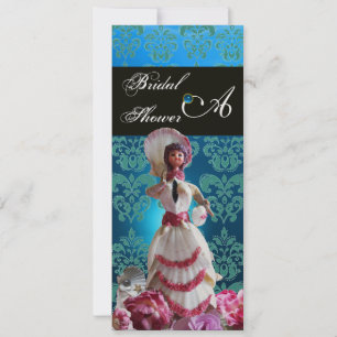 BLUE DAMASK BEACH WEDDING - BRIDAL SHOWER MONOGRAM INVITATION