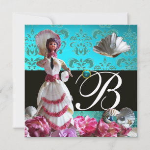 BLUE DAMASK BEACH WEDDING - BRIDAL SHOWER MONOGRAM INVITATION
