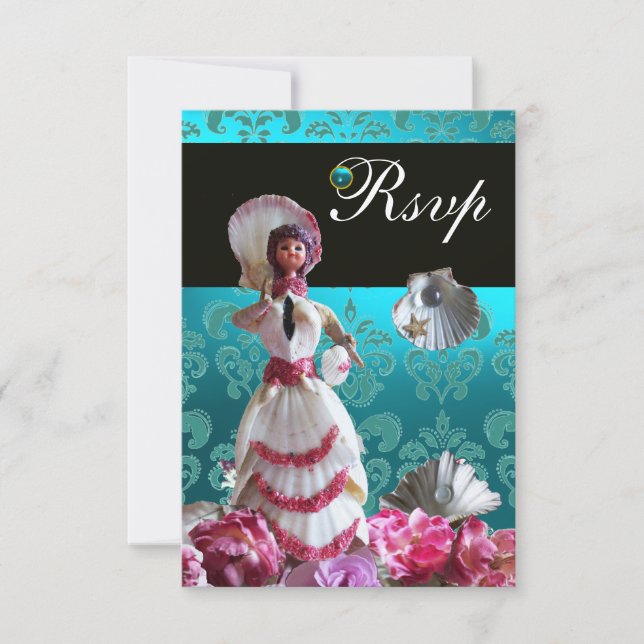 BLUE DAMASK BEACH WEDDING - BRIDAL SHOWER RSVP (Front)