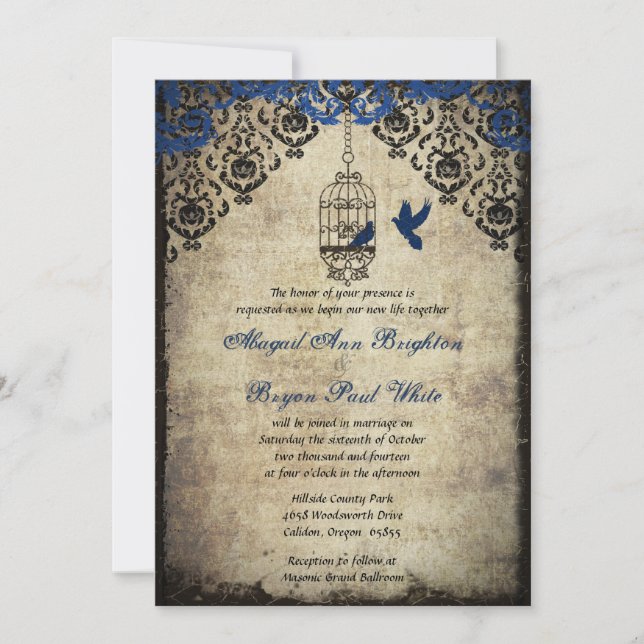Blue Damask Birdcage Vintage Wedding Invitation (Front)
