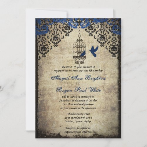 Blue Damask Birdcage Vintage Wedding Invitation