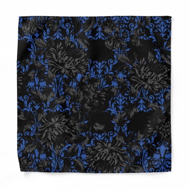 Blue Damask Black Floral Wedding Pocket Square Bandana (Front)