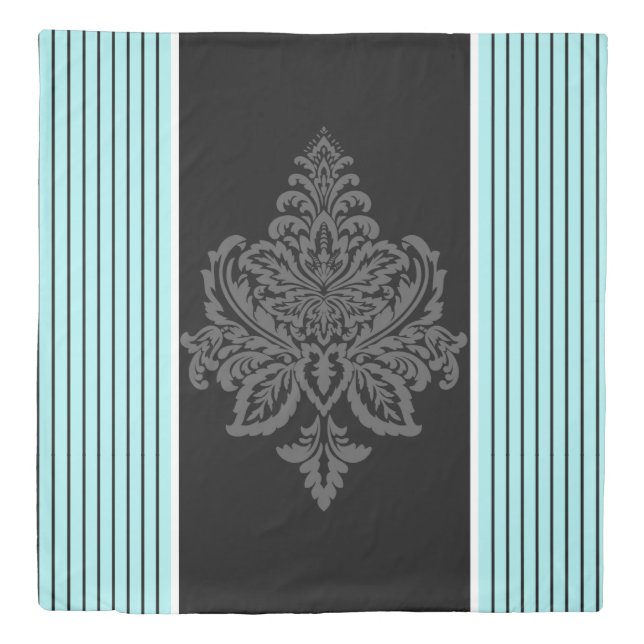 Blue, damask & black stripes Duvet Cover  (Front)