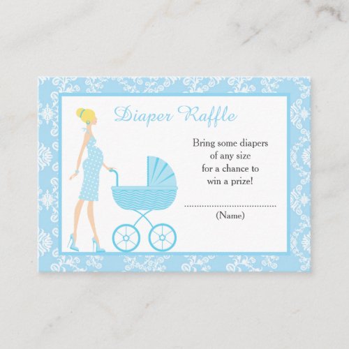Blue Damask Blonde Baby Shower Diaper Raffle Enclosure Card