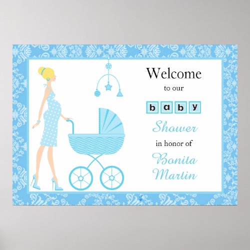 Blue Damask Blonde Boy Baby Shower Poster