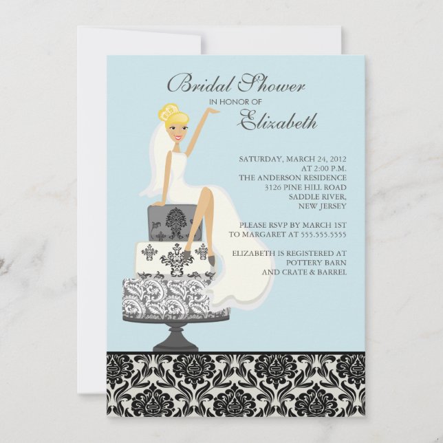 Blue Damask Blonde Bride Bridal Shower Invitation (Front)