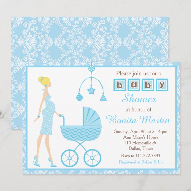 Blue Damask Blonde Expecting Boy Baby Shower Invitation (Front/Back)